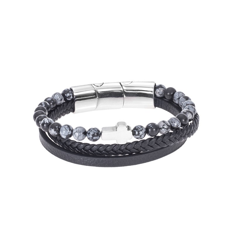 Βραχιόλι Senza Men`s Steel Black Leather Strap with Cross SSD4968BKGY