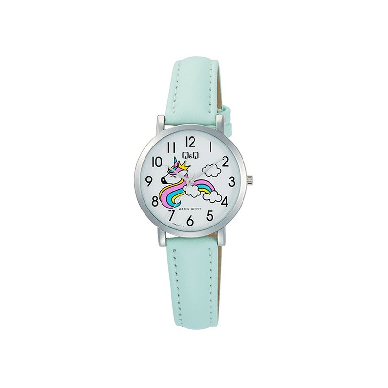 QQ Παιδικό ρολόι με τιρκουάζ δερμάτινο λουράκι και καντράν με όμορφα σχέδια Q58A-011PY