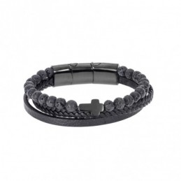 Βραχιόλι Senza Men`s Steel Black Leather Strap with Black Cross SSD4968BK