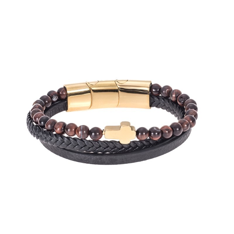 Βραχιόλι Senza Men`s Steel Brown Leather Strap with Cross SSD4968GBKRD