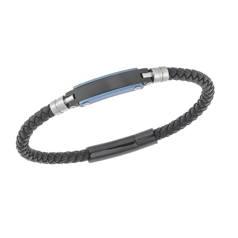 Βραχιόλι Senza Men`s Silver  και  Blue Stainless Steel With Black Leather SSD5753BBL