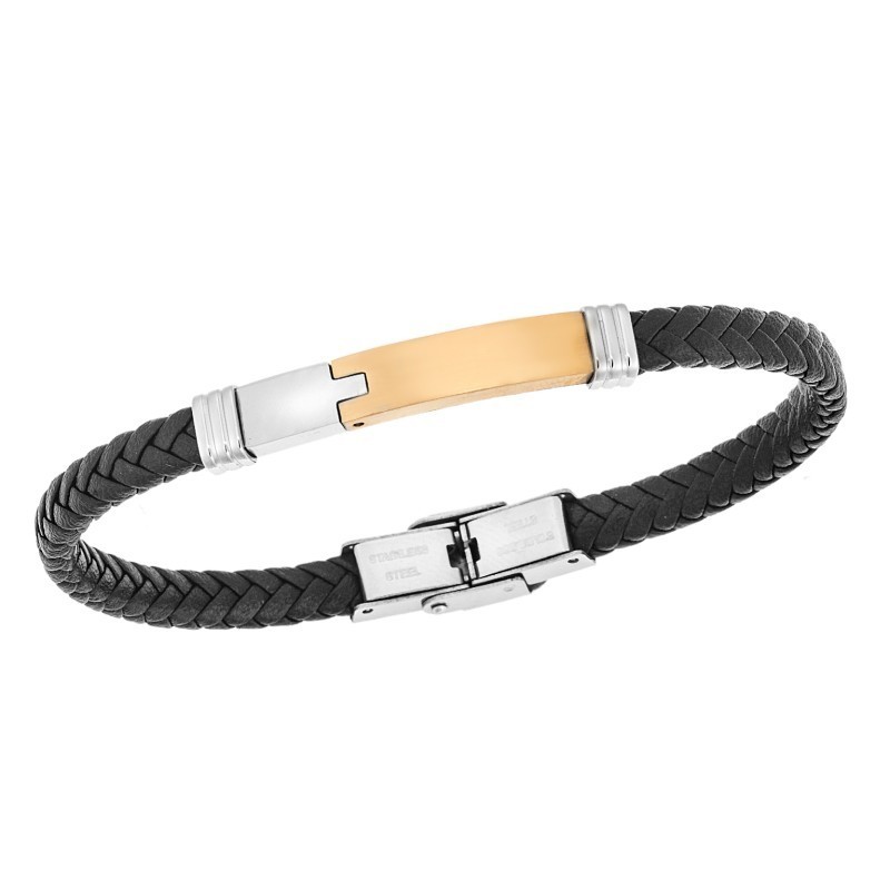 Βραχιόλι Senza Men`s Silver και Gold Stainless Steel With Black Leather SSD5759SGD
