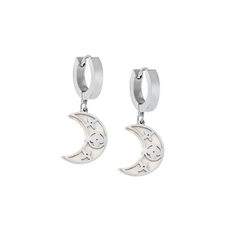 Σκουλαρίκια Γυναικεία SENZA κρίκοι από Ατσάλι με λευκό φεγγαράκι SSD5314SWH