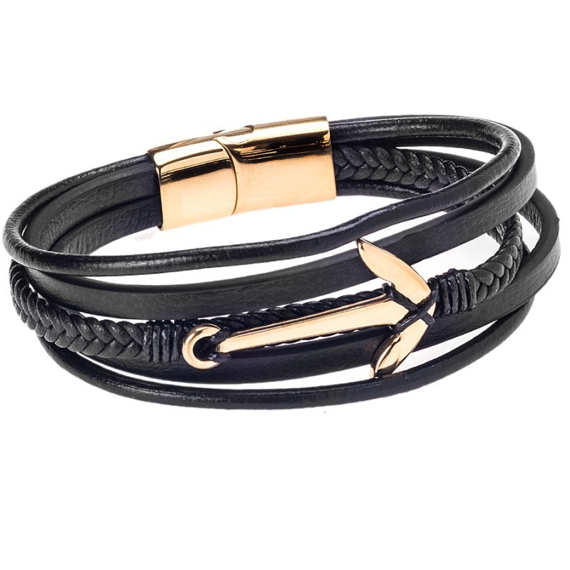 Βραχιόλι Senza Men`s Steel Black Leather Strap Με Χρυσή Άγκυρα SSD4781GBK