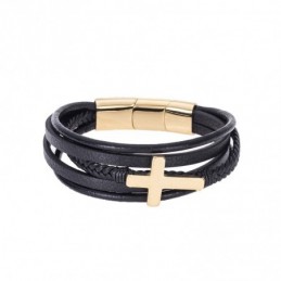Βραχιόλι Senza Men`s Steel Black Leather Strap with Gold Cross SSD4967GBK