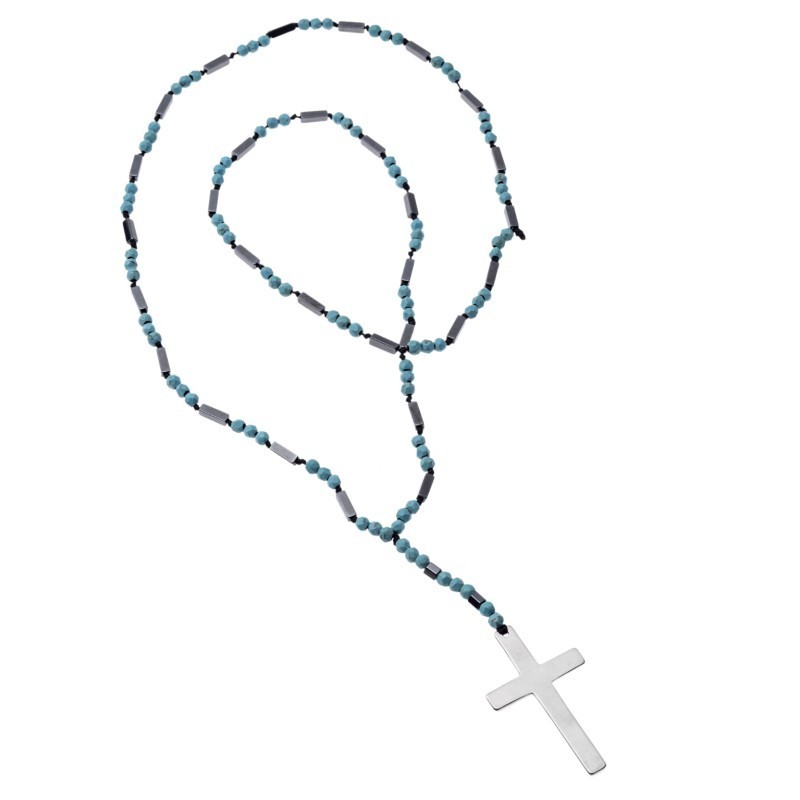 Κολιέ Men`s Senza Hematite  και  Turquoise Stones with Steel Cross SSD4950LB