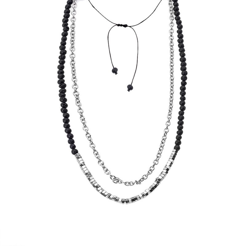 Κολιέ-Ροζάριο Unisex Senza Hematite  και  Lava Stones with Steel SSD5186