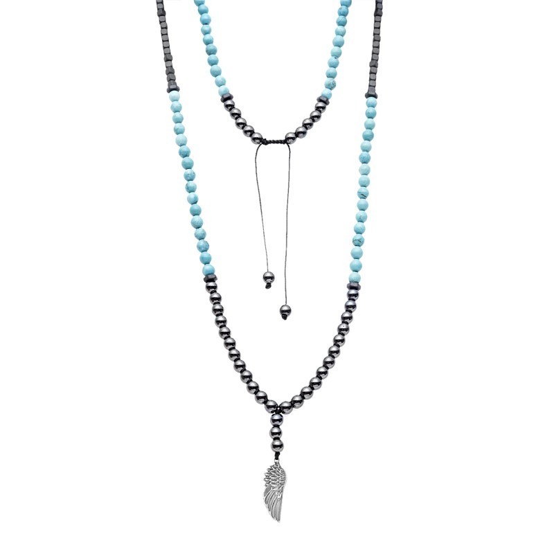 Κολιέ-Ροζάριο Unisex Senza Hematite  και  Turquoise Stones with Steel SSD5190-4