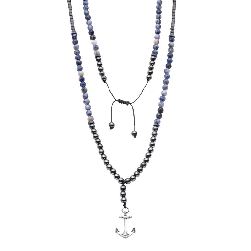 Κολιέ-Ροζάριο Unisex Senza Hematite  και  Sodalite Stones with Steel SSD5191-2