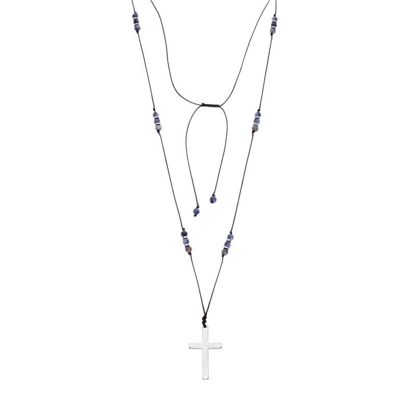 Κολιέ Unisex Senza Hematite  και  Sodalite Stones with Steel Cross SSD5192BL
