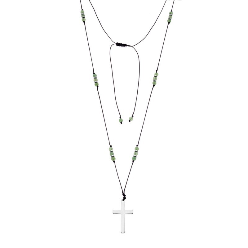 Κολιέ Unisex Senza Hematite  και  Aventurine Stones with Steel Cross SSD5192GN