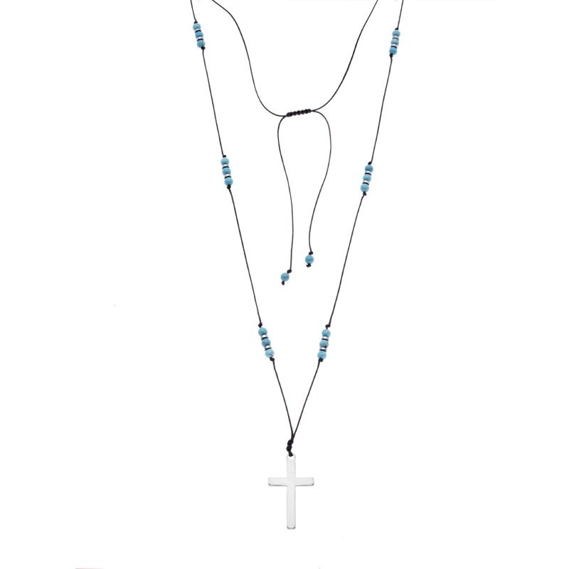 Κολιέ Unisex Senza Hematite  και  Turquoise Stones with Steel Cross SSD5192TQ