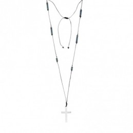 Κολιέ-Ροζάριο Unisex Senza Hematite Stones with Steel Cross SSD5193GN