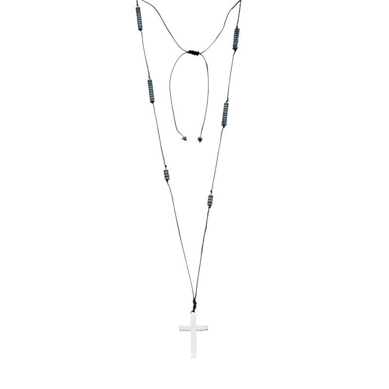 Κολιέ-Ροζάριο Unisex Senza Hematite Stones with Steel Cross SSD5193GN