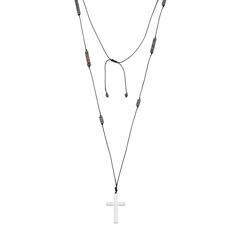Κολιέ-Ροζάριο Unisex Senza Hematite Stones with Steel Cross SSD5193MU