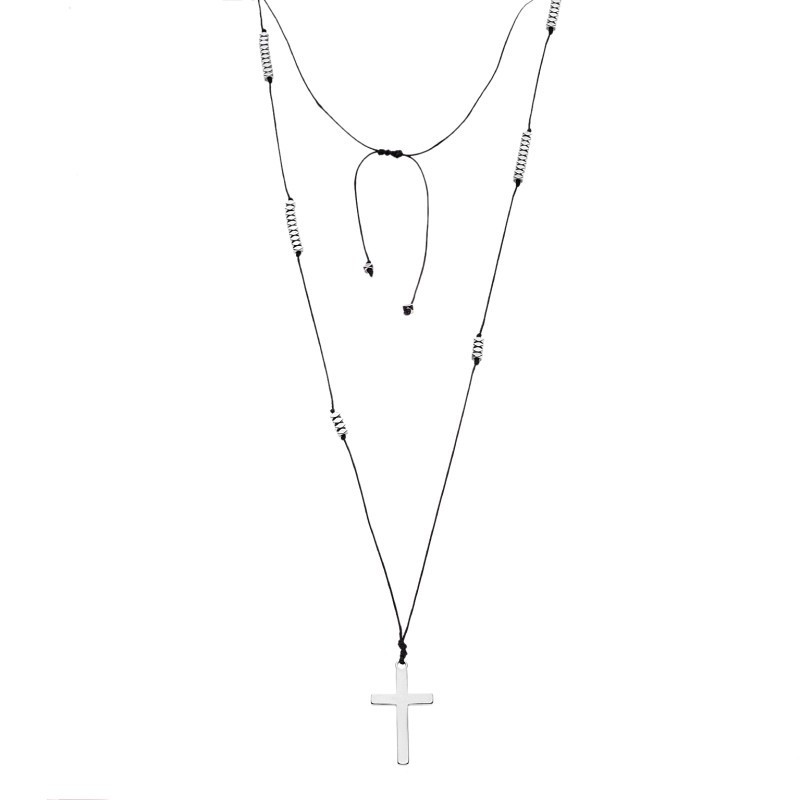 Κολιέ-Ροζάριο Unisex Senza Hematite Stones with Steel Cross SSD5193SR