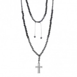 Κολιέ-Ροζάριο Unisex Senza Hematite  και  Lava Stones with Steel Cross SSD5194-1
