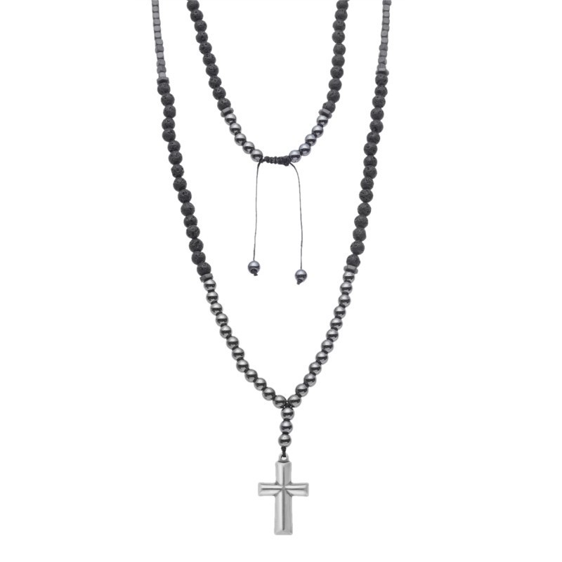 Κολιέ-Ροζάριο Unisex Senza Hematite  και  Lava Stones with Steel Cross SSD5194-1