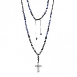 Κολιέ-Ροζάριο Unisex Senza Hematite  και  Sodalite Stones with Steel Cross SSD5194-2
