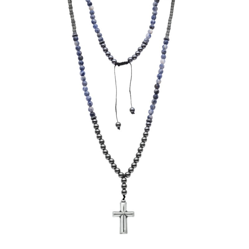 Κολιέ-Ροζάριο Unisex Senza Hematite  και  Sodalite Stones with Steel Cross SSD5194-2