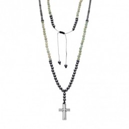 Κολιέ-Ροζάριο Unisex Senza Hematite  και  Aventurine Stones with Steel Cross SSD5194-3