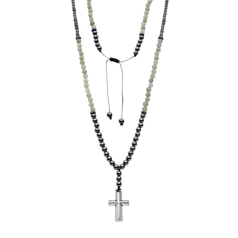 Κολιέ-Ροζάριο Unisex Senza Hematite  και  Aventurine Stones with Steel Cross SSD5194-3