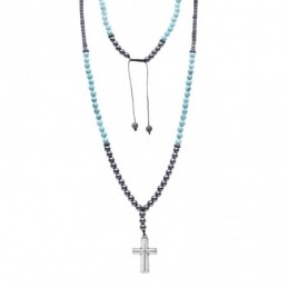 Κολιέ-Ροζάριο Unisex Senza Hematite  και  Turquoise Stones with Steel Cross SSD5194-4