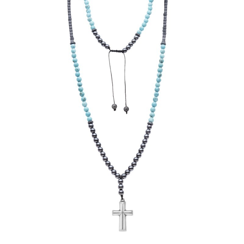 Κολιέ-Ροζάριο Unisex Senza Hematite  και  Turquoise Stones with Steel Cross SSD5194-4